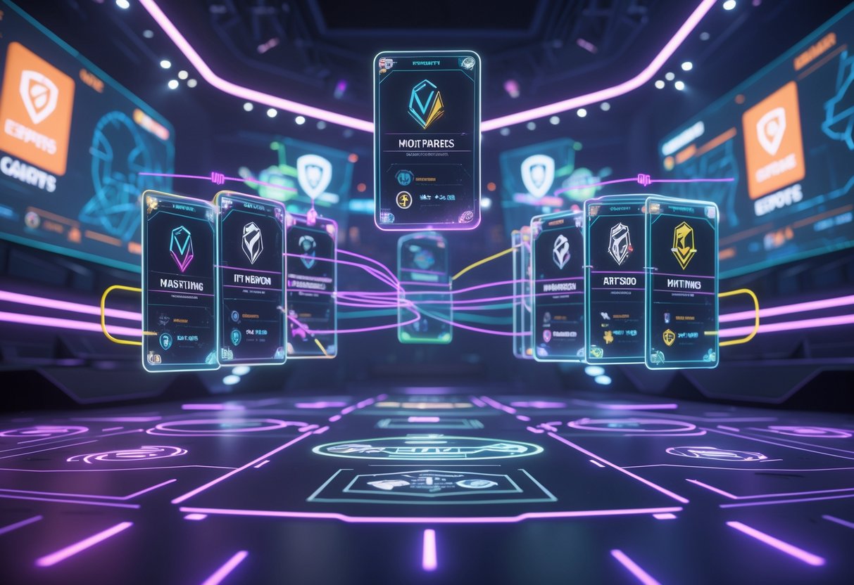 A futuristic esports arena with floating holographic player cards and digital screens showing player transfers between Call of Duty League Black Ops 6 teams.