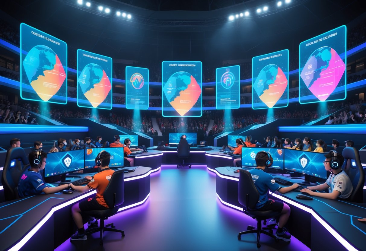 A 3D scene showing a futuristic esports arena with multiple gaming stages, young players competing, and holograms displaying maps and talent development pathways.