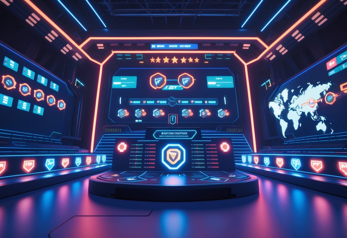 A 3D scene showing a futuristic esports stadium with glowing slot indicators, holographic charts, and a map highlighting the LPL region and its international slots.