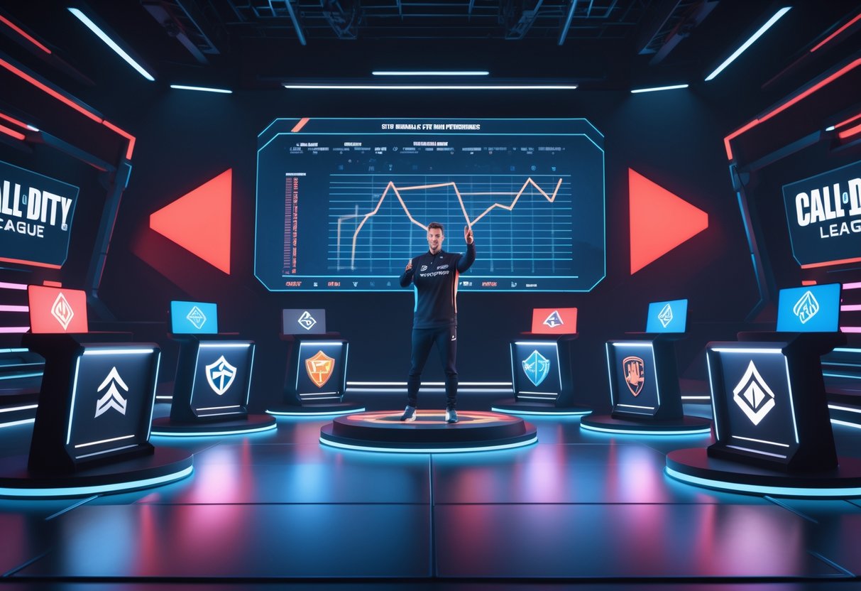 A 3D scene showing six illuminated podiums with team logos and a holographic leaderboard in a high-tech esports studio, with a virtual coach analysing data.