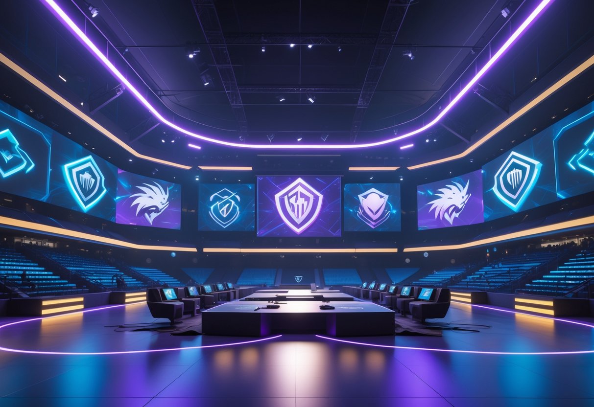 A futuristic esports arena with vibrant lighting and holographic displays representing new and potential League of Legends European Championship teams, set against a modern city skyline.