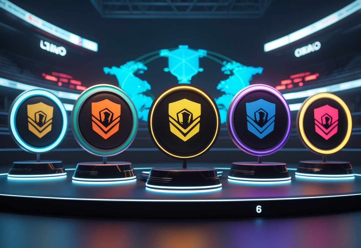 Six futuristic team emblems arranged in a semi-circle on a glossy platform with glowing maps behind each, set in a dark digital stadium environment.