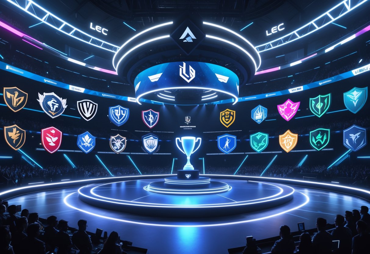A 3D scene of a futuristic esports arena with glowing team logos and a central stage displaying a digital trophy, surrounded by a cheering crowd.