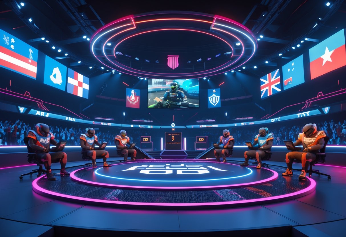 A 3D scene of an esports arena with six teams competing on a circular stage surrounded by cheering crowds and large screens displaying gameplay.