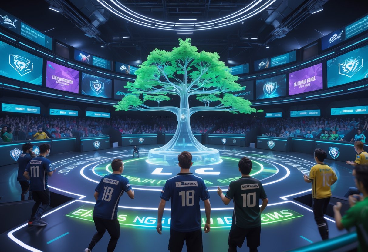 A 3D scene showing an esports arena with a large transparent tournament tree expanding to include new teams, surrounded by players and digital effects representing competition and growth.