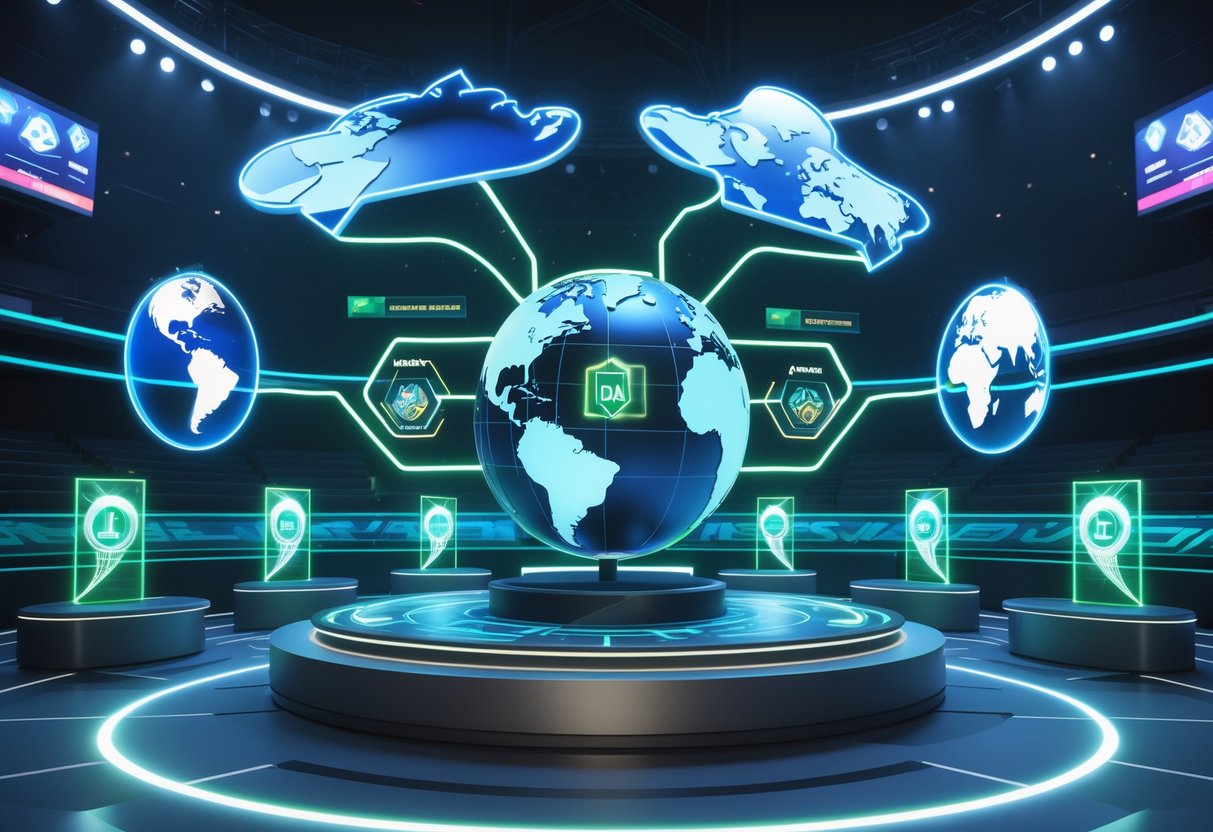 A 3D scene showing a rotating digital globe with highlighted regions connected by glowing lines, surrounded by futuristic podiums representing international esports teams.