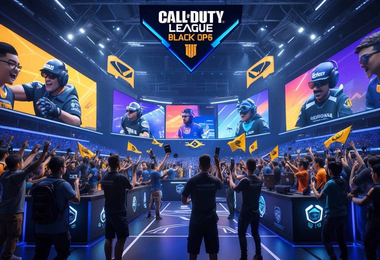 A crowded esports arena with fans cheering and interacting during a Call of Duty Black Ops 6 event, showing players in action on large screens and holographic team logos above the crowd.