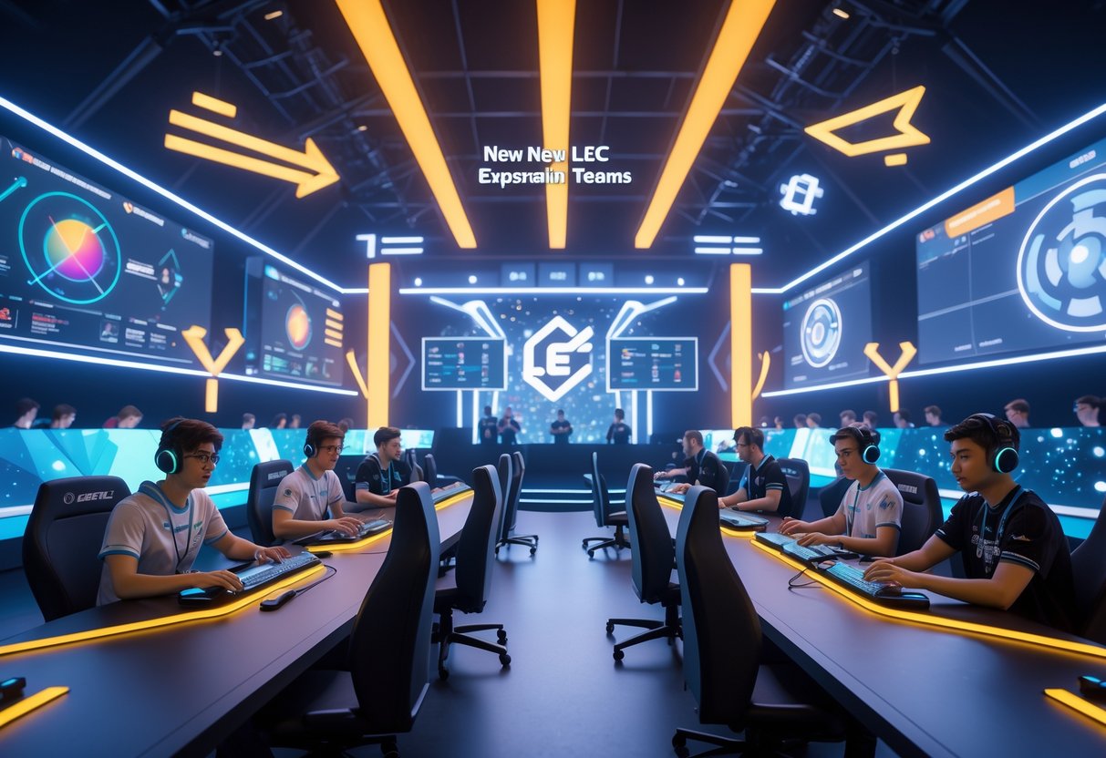A 3D scene of esports players competing in a futuristic arena with holographic displays, showing symbols of growth and challenges around them.
