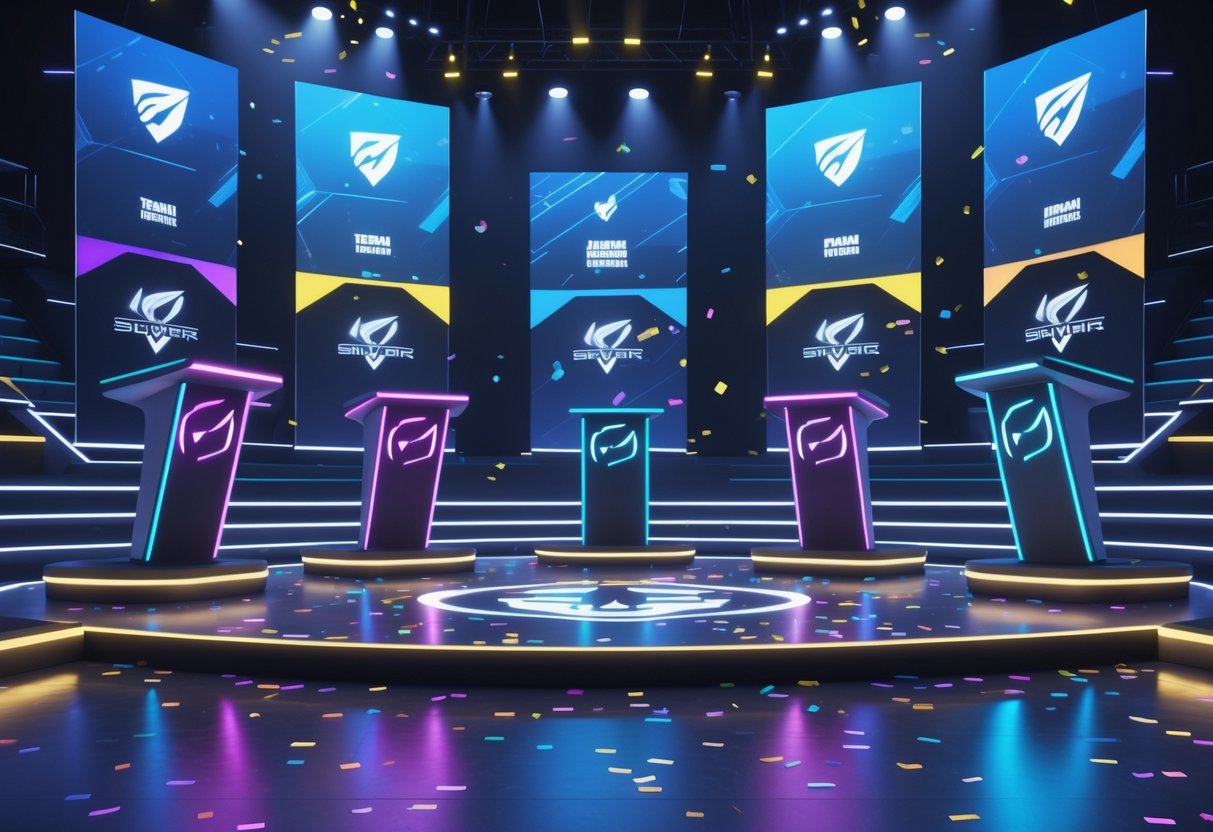 A 3D scene showing six illuminated podiums arranged in a semi-circle on a stage with colourful lights and holographic team logos in a dark arena environment.