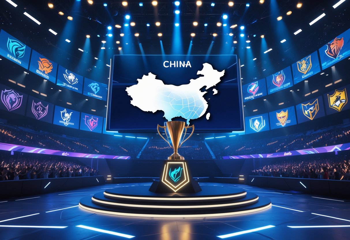A 3D scene of an esports arena with holographic team symbols around a glowing map of China and a central trophy, surrounded by cheering fans.