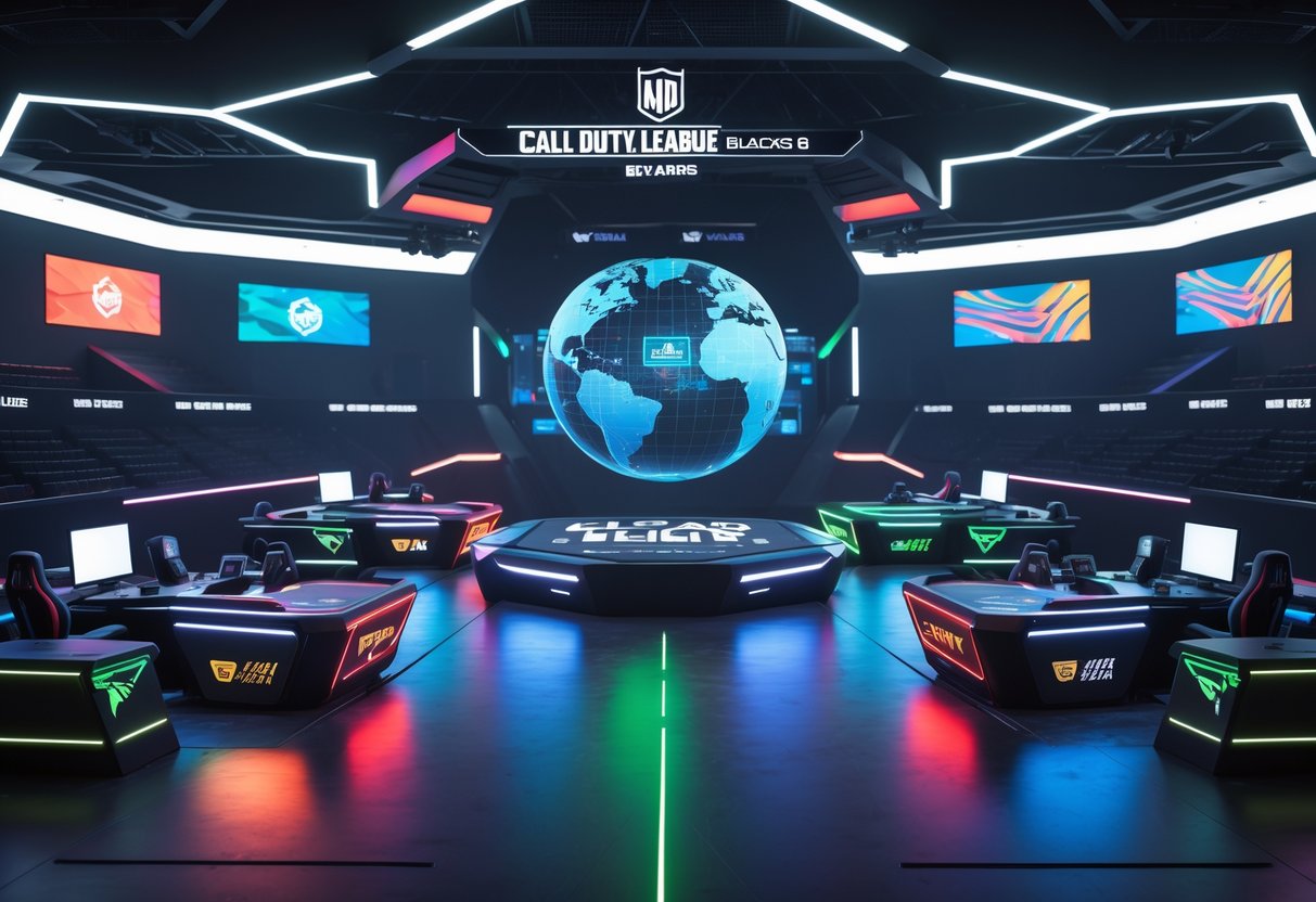 A futuristic esports arena with six gaming pods arranged in a hexagon, each pod glowing with different colours, surrounded by a crowd and a central holographic globe.