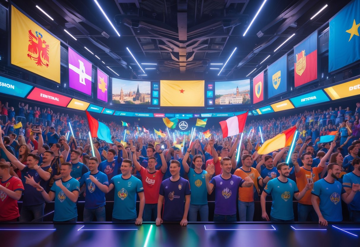 A lively esports arena filled with fans wearing team colours and holding flags, surrounded by cultural symbols and landmarks representing different European regions.