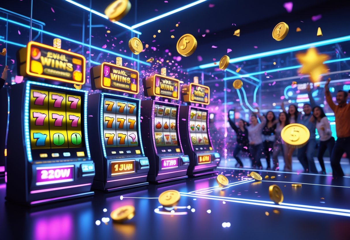 A colourful casino scene with slot machines showing winning combinations and players celebrating their wins.