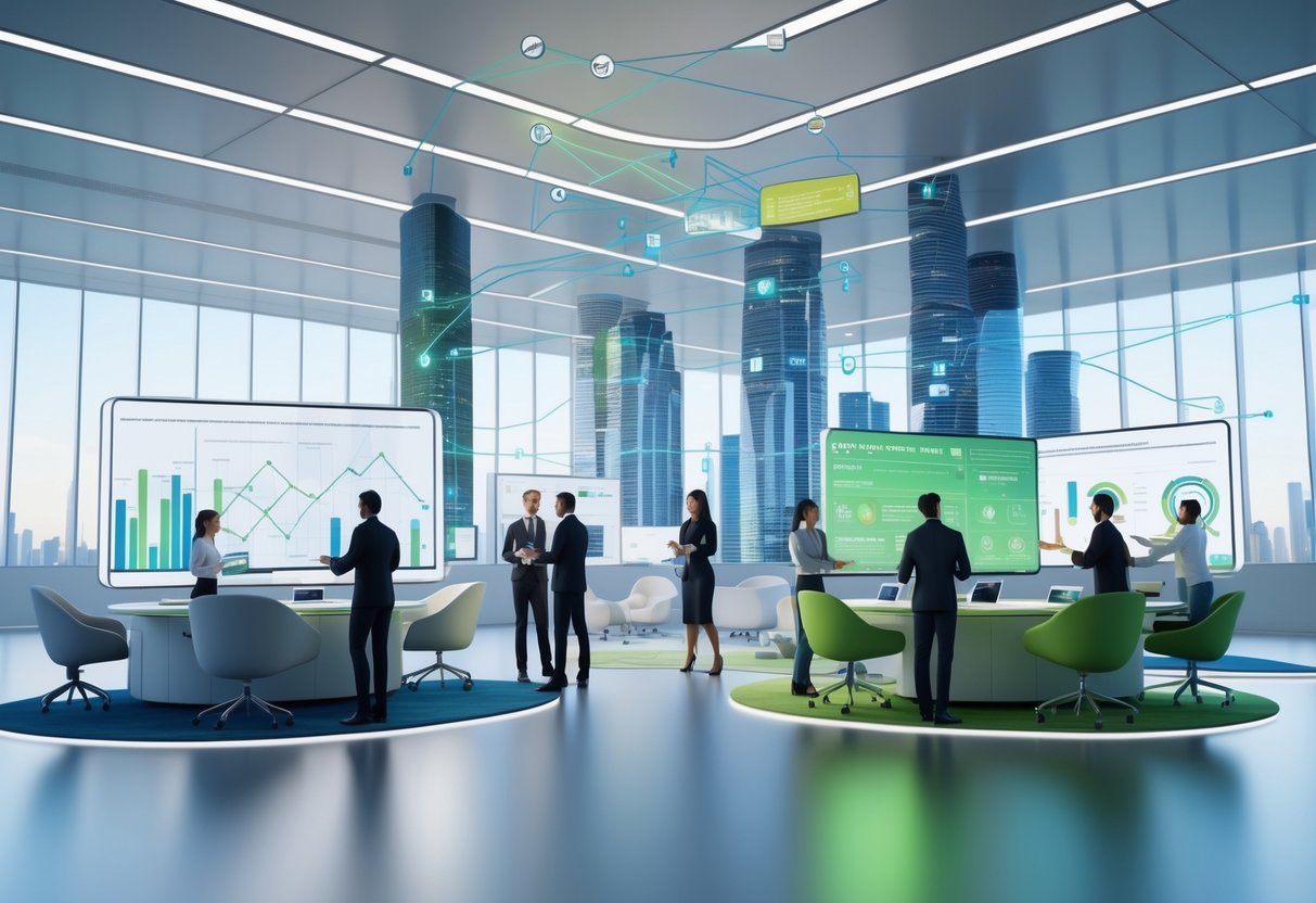 A modern office with diverse professionals collaborating around digital screens showing charts and graphs, with skyscrapers and animated lines in the background representing economic and organisational growth.