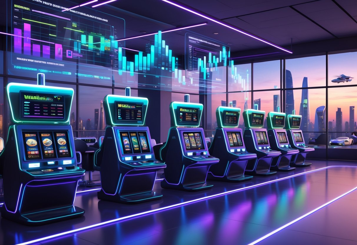 A futuristic casino floor with advanced slot machines and holographic displays, overlooking a cityscape with tall buildings and flying vehicles at twilight.