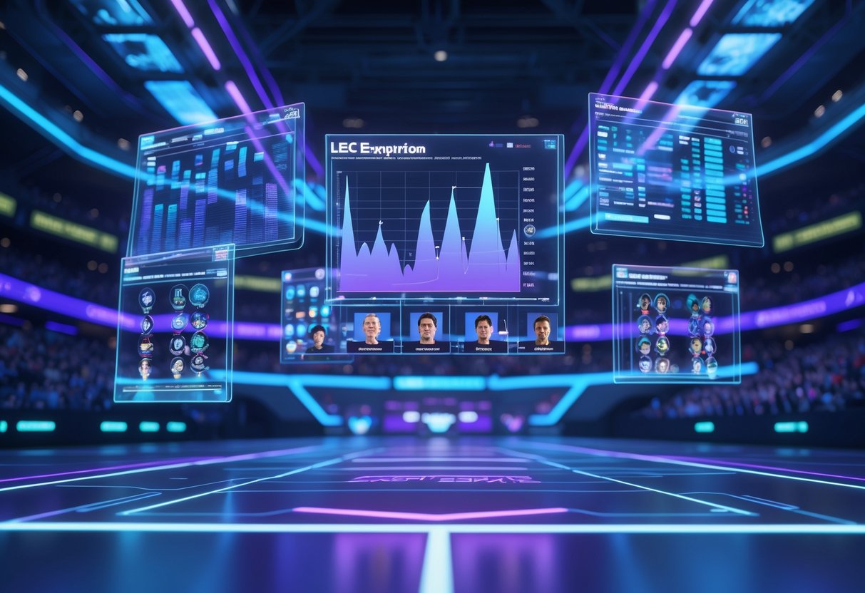 A futuristic sports arena showing holographic charts and player avatars comparing esports teams from different leagues.