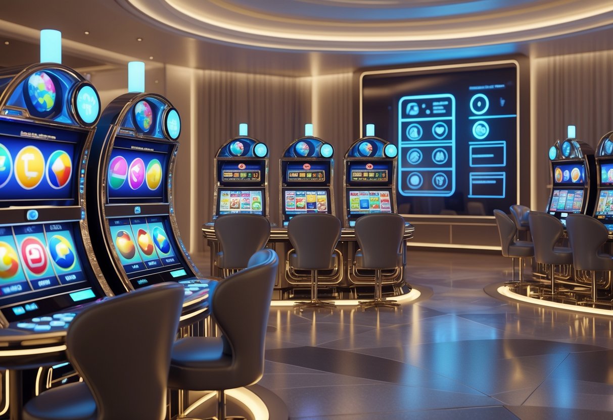 A 3D scene showing a group of slot machines with global symbols in a casino setting, with a digital kiosk displaying question and answer icons in the background.