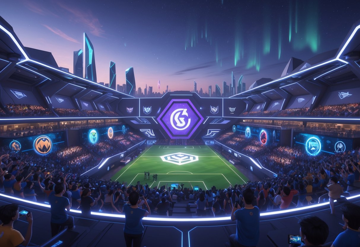 A futuristic esports stadium filled with fans and glowing holographic team logos, set against a modern cityscape at dusk.