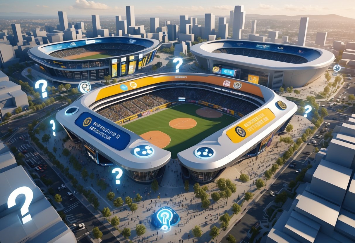 A 3D scene showing multiple modern sports stadiums with fans and players in a lively urban setting, highlighting the energy of new teams joining a league.