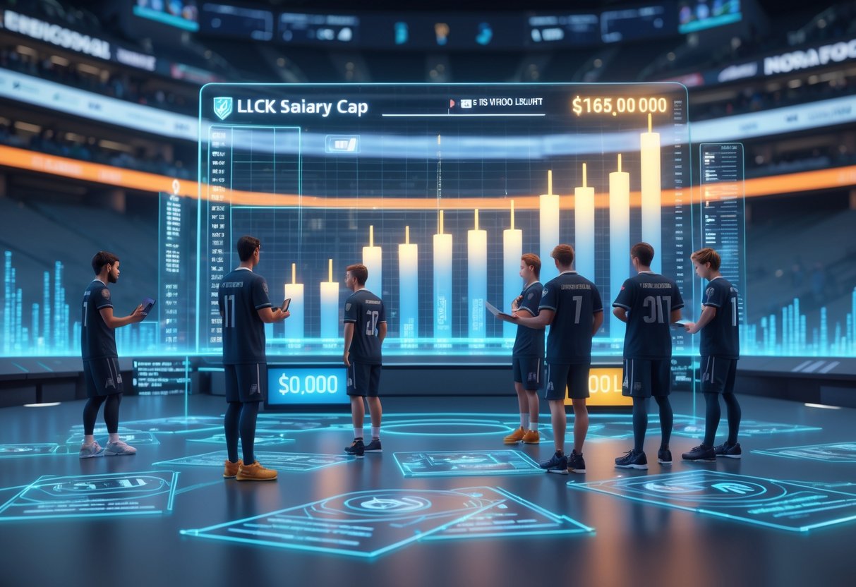 A 3D scene showing esports players in a stadium interacting with virtual contracts and floating financial symbols, with graphs and a salary cap meter displayed in the background.