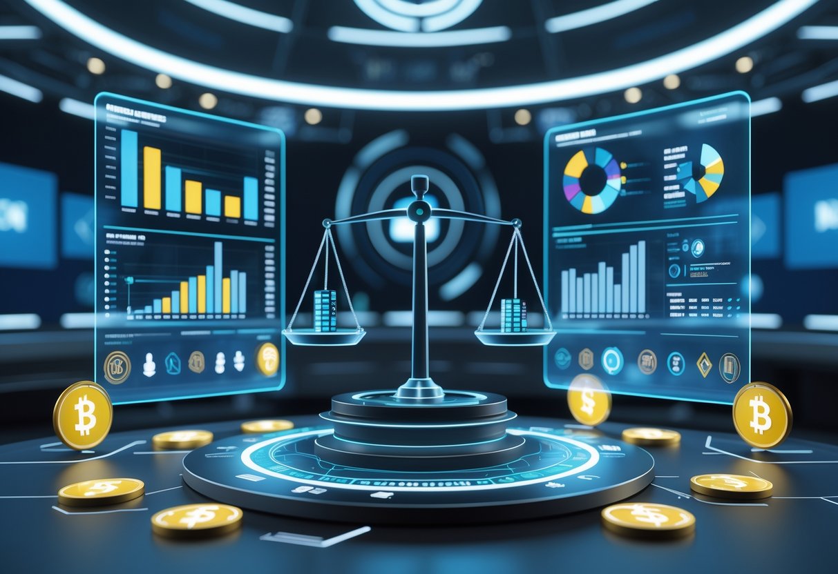 A 3D scene showing a futuristic boardroom with floating financial charts and a holographic scale balancing player figures and team icons, representing the financial health and salary cap of esports organisations.