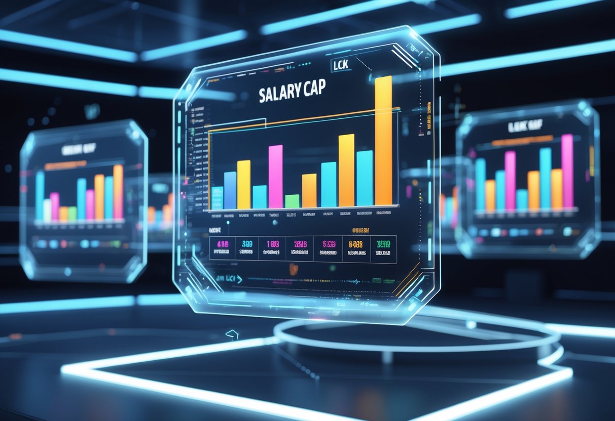 A futuristic control room with floating holographic panels showing colourful bar charts comparing salary caps of different esports leagues, highlighting one central chart.