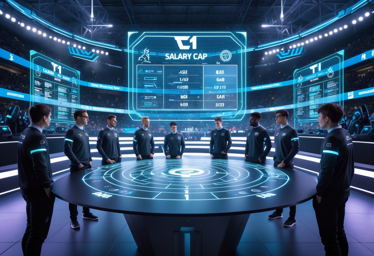A group of esports players and coaches gathered around a glowing digital table with floating charts and team logos inside a large arena filled with fans and screens showing gameplay.