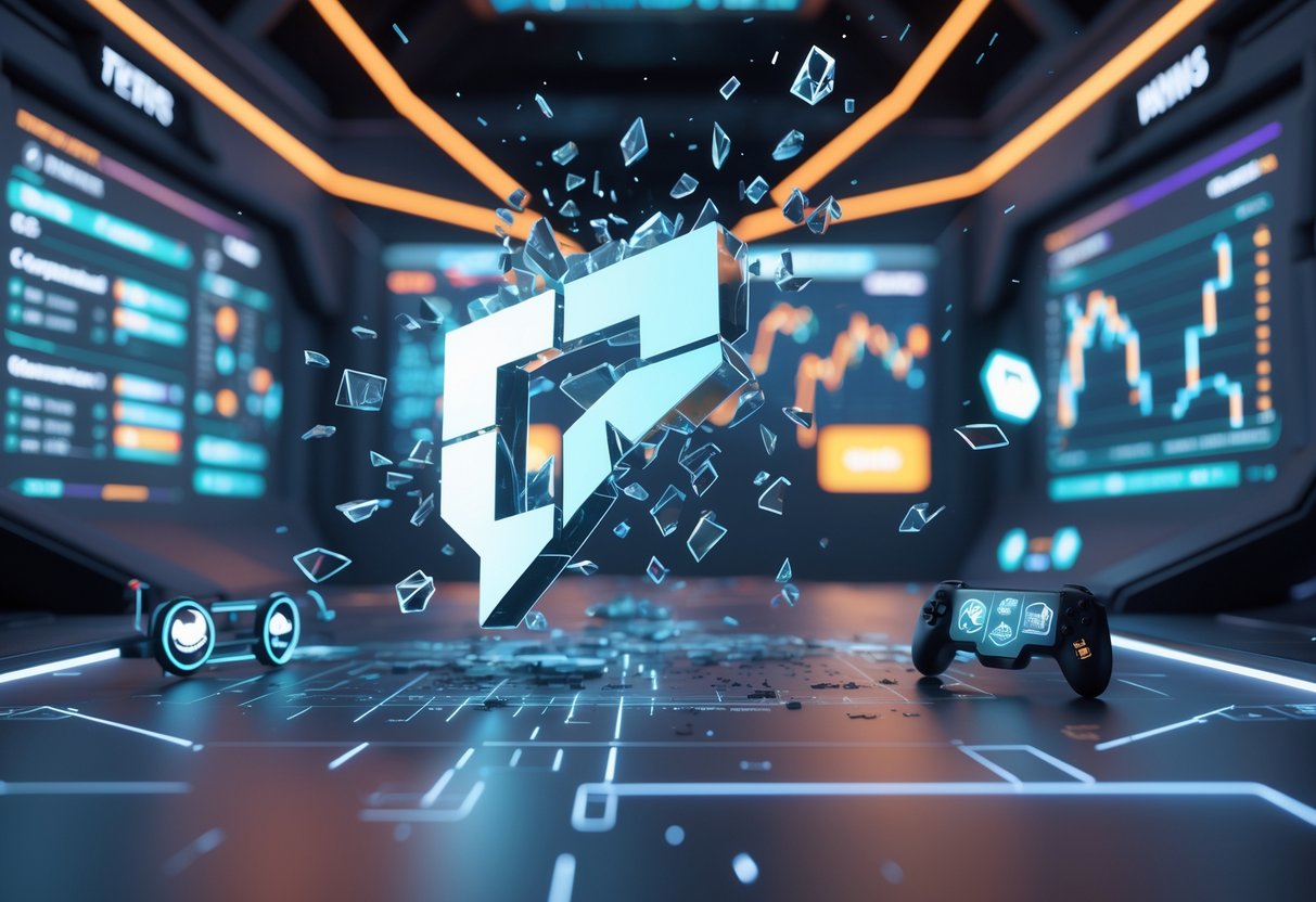 A digital arena with holographic charts and a breaking Dota 2 logo surrounded by esports icons, symbolising changes and cancellation in a gaming tournament.