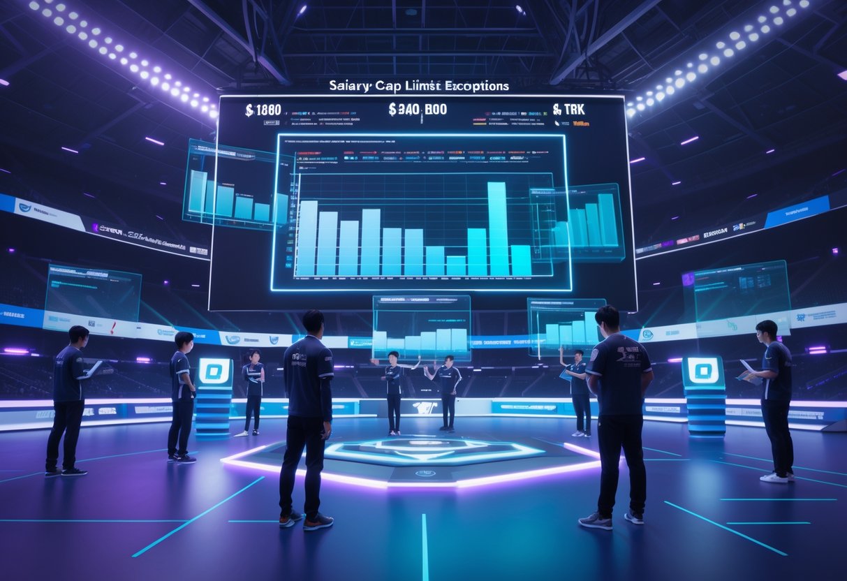A futuristic esports stadium interior with holographic charts and players analysing salary and team budget data on transparent screens.