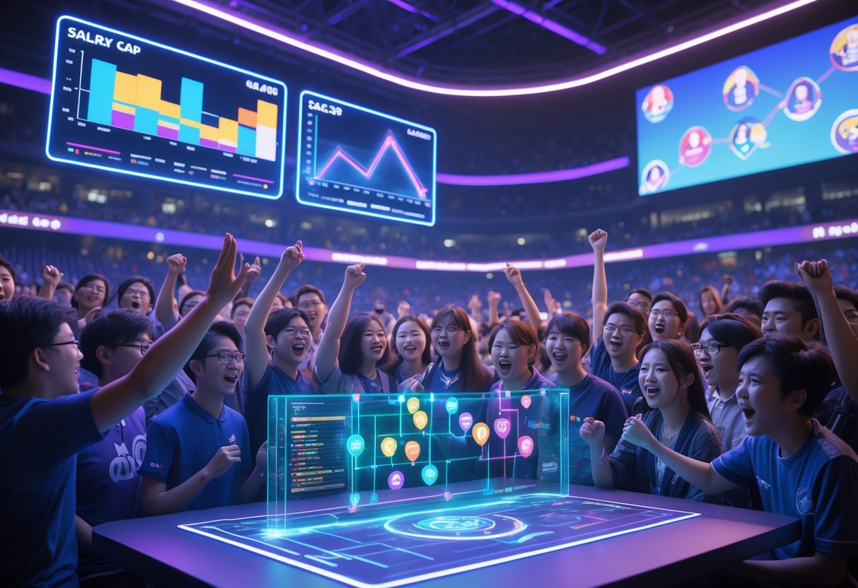 A crowded esports arena with fans reacting and discussing around a holographic display showing charts and player icons representing a salary cap introduction.