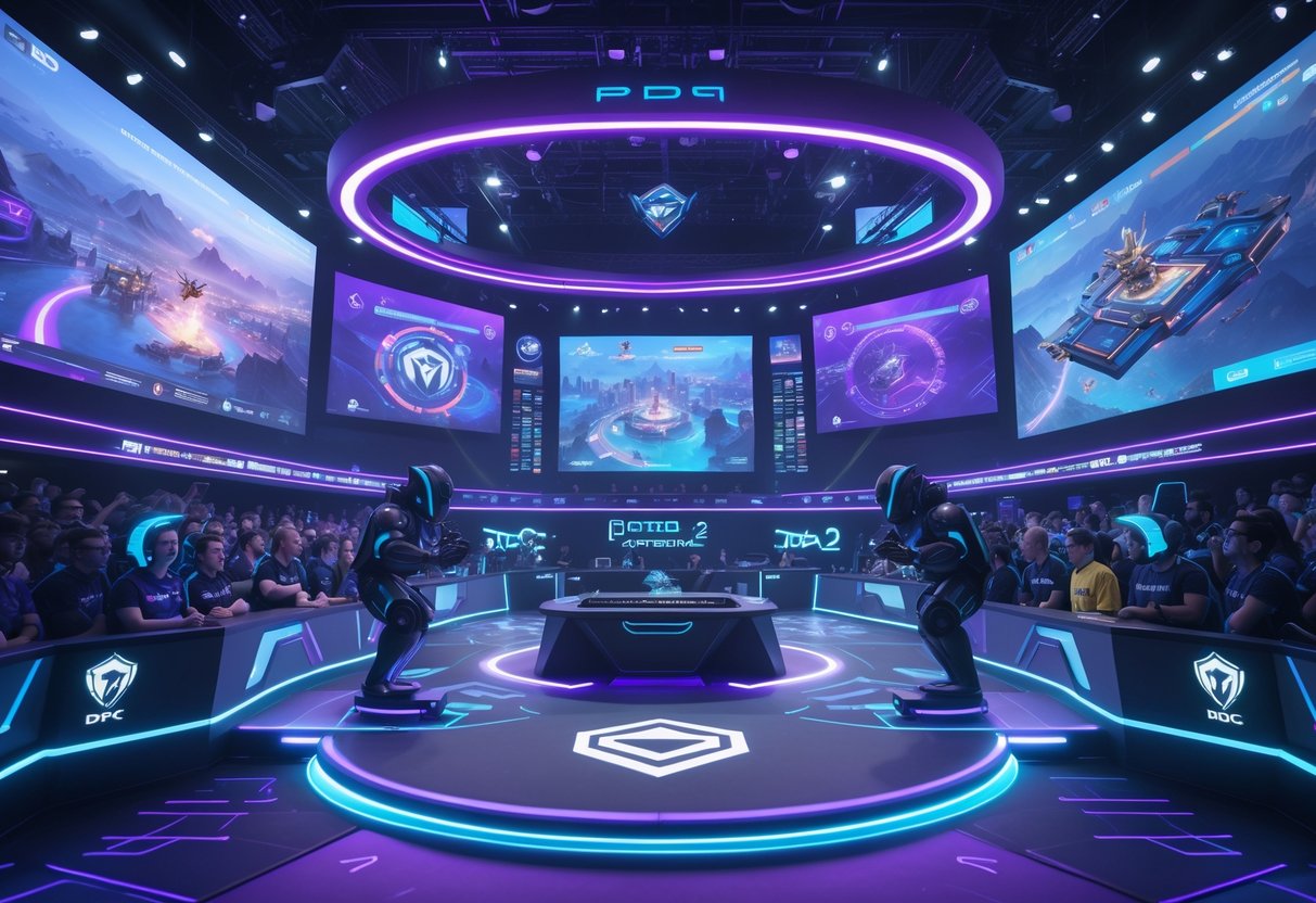A futuristic esports arena with glowing lights, holographic Dota 2 game displays, players competing on stage, and a crowd of excited fans watching the match.