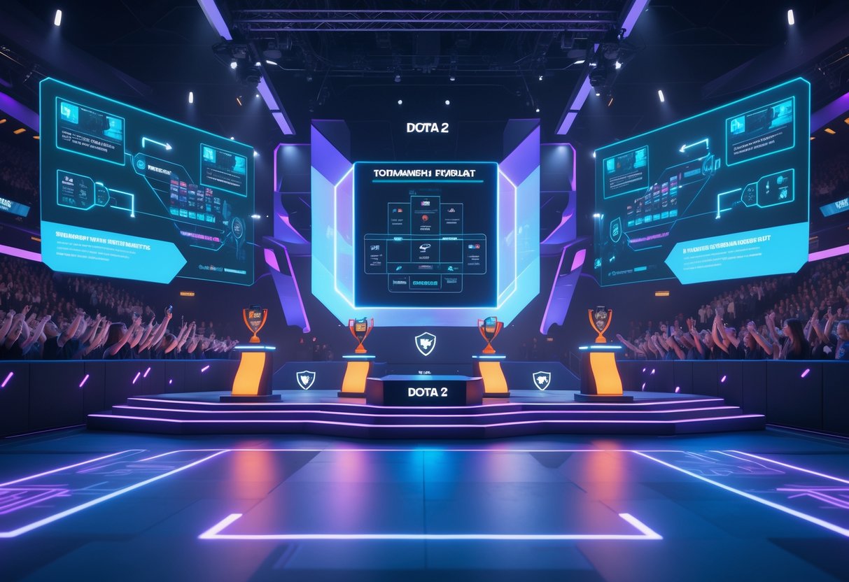 A futuristic esports arena with glowing digital displays and a central stage showing abstract tournament data, surrounded by a cheering crowd.