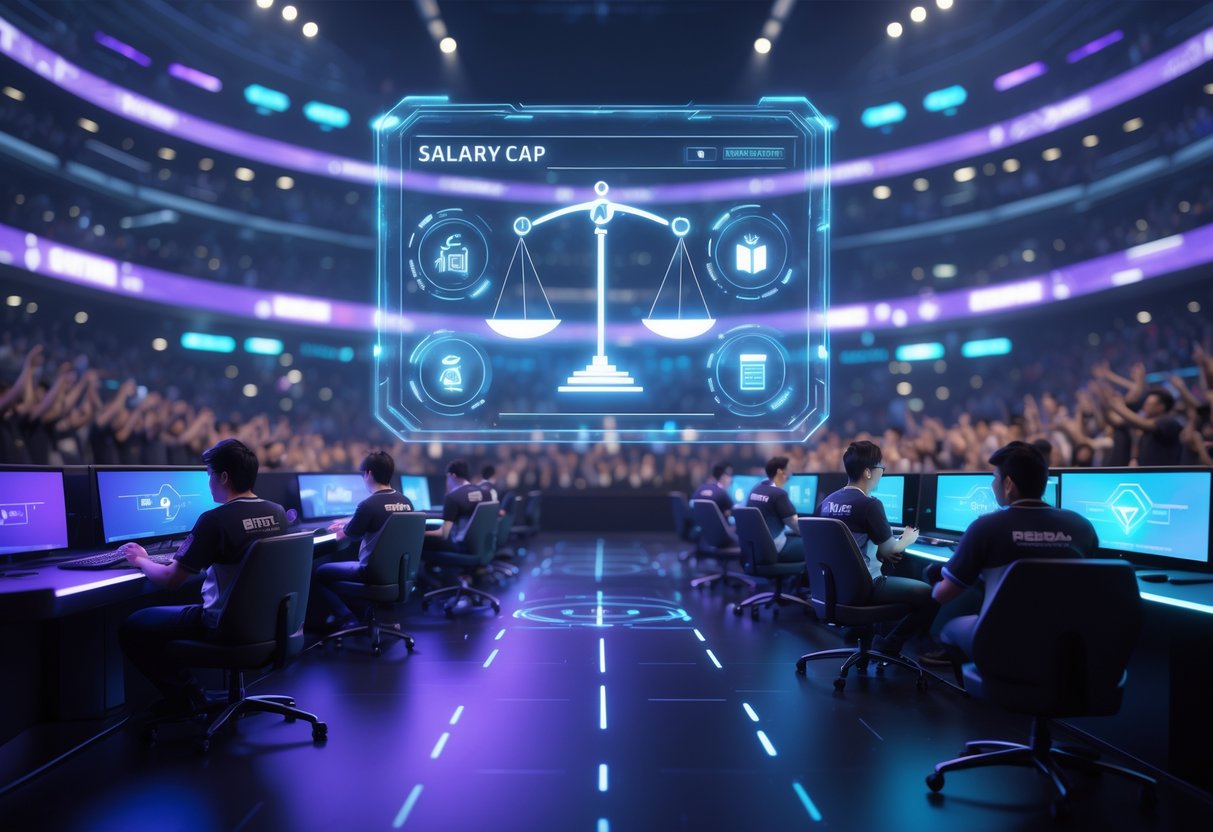 A 3D scene of professional esports players competing in a futuristic arena with holographic displays showing salary cap symbols and team data, surrounded by an excited crowd.