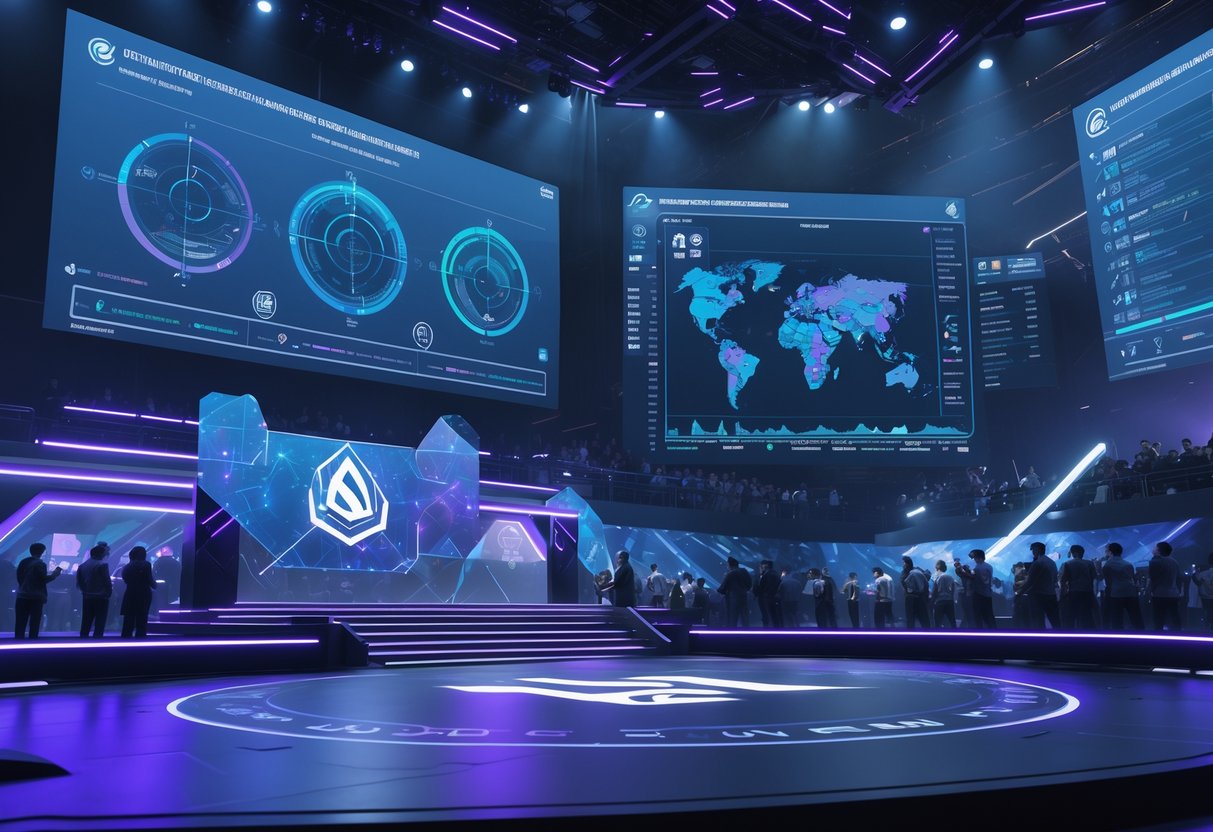 A 3D scene showing a futuristic esports tournament stage with holographic data and digital screens representing changes in the Dota 2 qualification process, surrounded by players and spectators.