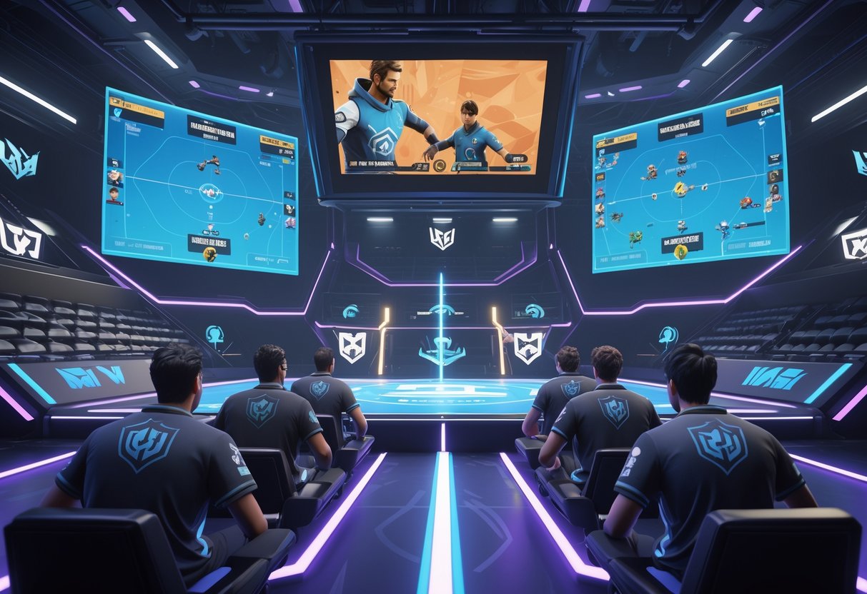 A 3D scene showing two teams of Dota 2 players in an esports arena with players moving between teams and holographic maps displaying game strategies.