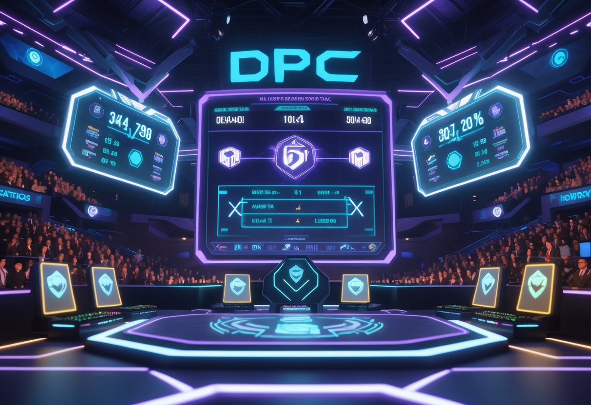 A 3D esports arena showing holographic displays of player substitutions and team transfers with glowing icons and animated graphs, surrounded by a crowd and players at gaming stations.