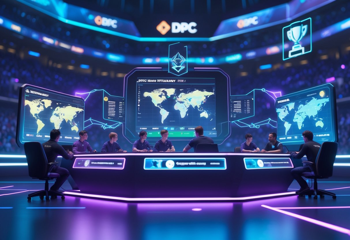 A 3D scene showing esports organisers and players around a futuristic desk with holographic maps and data, inside a large stadium filled with a cheering crowd.
