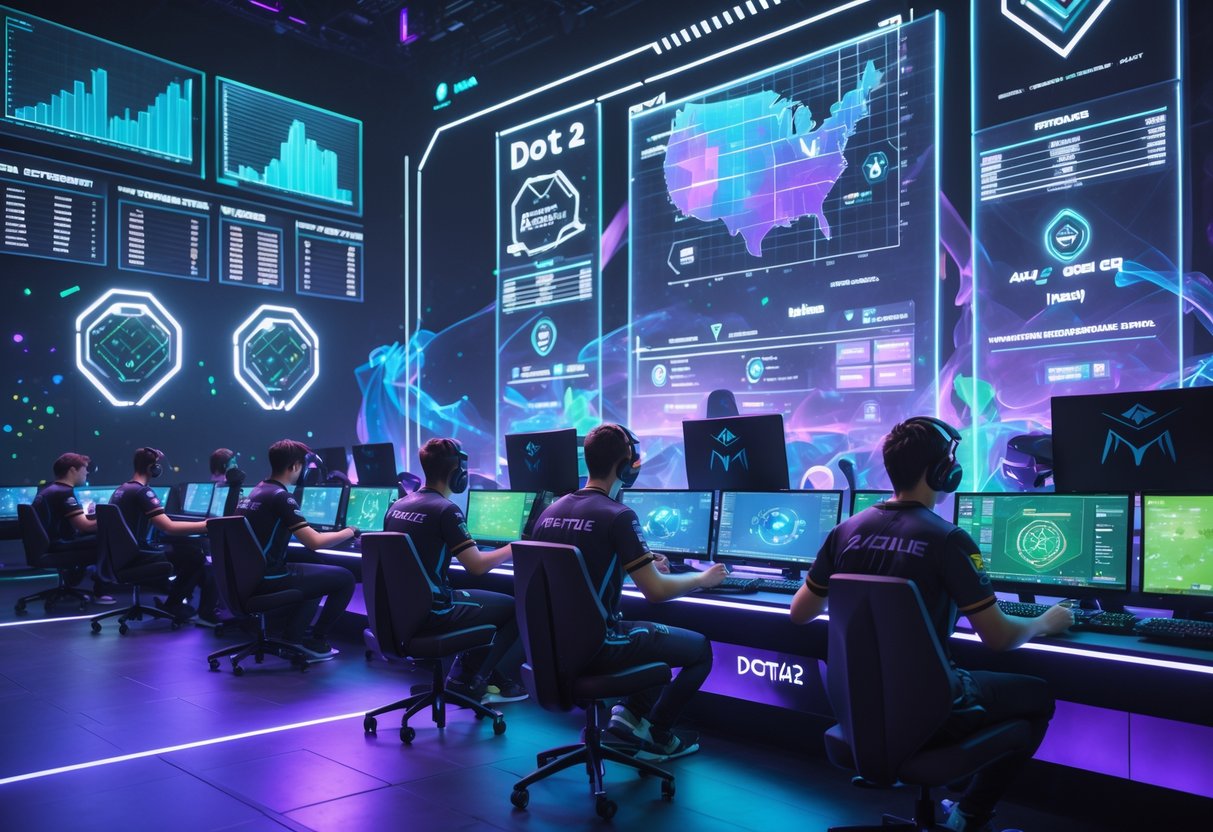 A 3D scene showing professional esports players in a high-tech arena with holographic data displays and Dota 2 hero symbols around them.