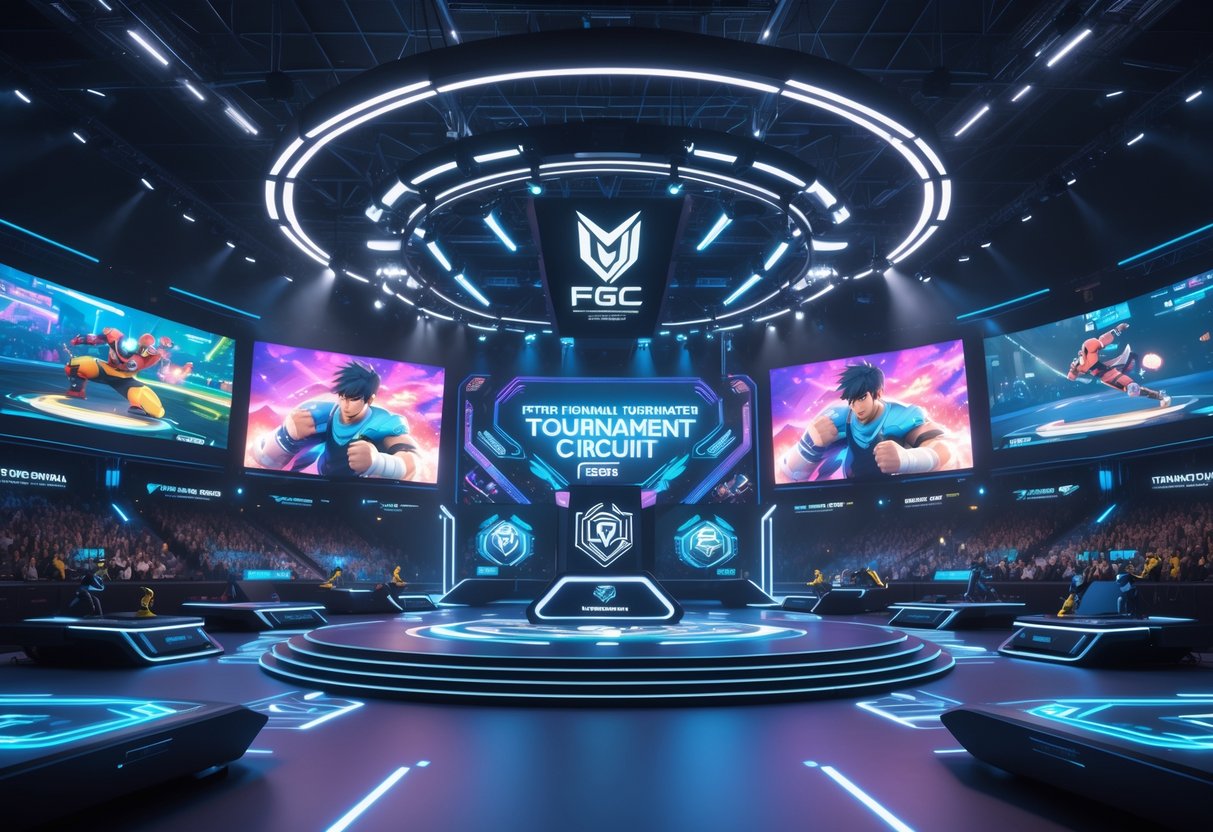 A large esports arena with a central stage, glowing screens showing fighting game matches, and an enthusiastic crowd watching a tournament.