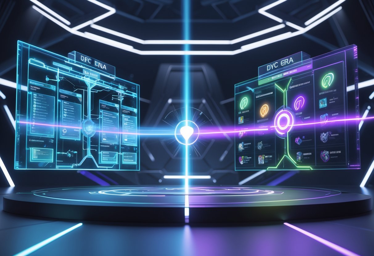 A 3D scene showing two contrasting competitive esports structures side by side, with a glowing beam connecting them in a futuristic arena.