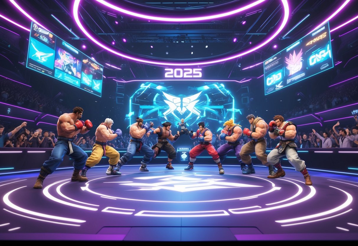 A futuristic fighting game tournament arena with multiple characters in combat poses and a cheering crowd.