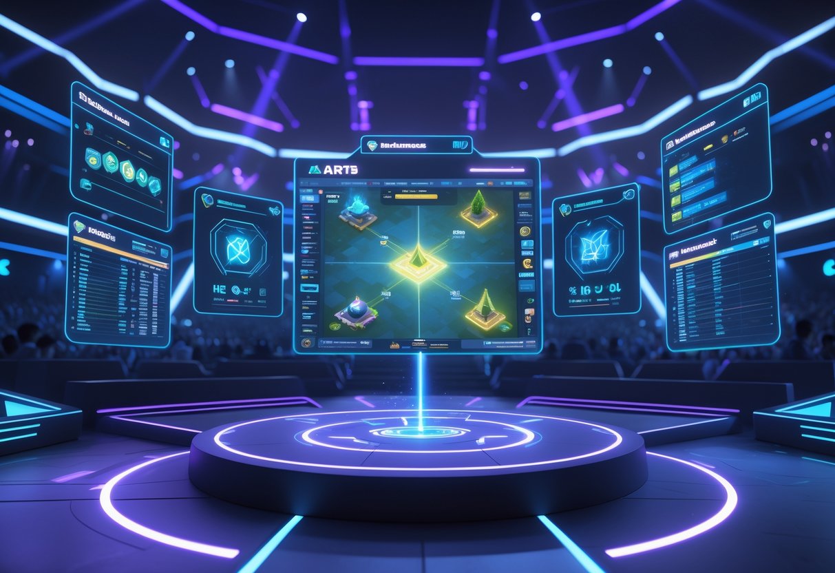 A futuristic esports arena with holographic displays showing a Dota 2 map and game statistics surrounded by a virtual crowd.