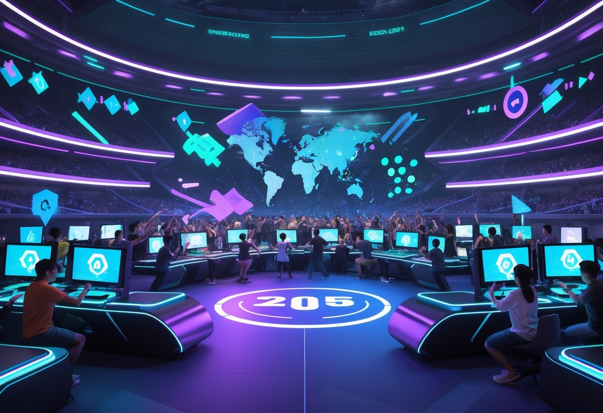 A futuristic esports arena with players competing on high-tech gaming stations surrounded by cheering spectators and digital holograms representing regional connections.