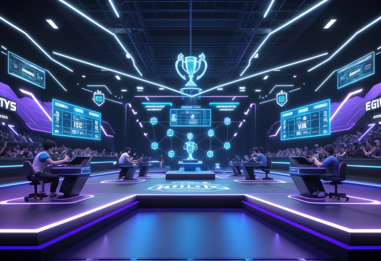 A futuristic esports arena with multiple gaming stages, players competing, and a crowd watching, surrounded by holographic tournament brackets and a floating trophy.
