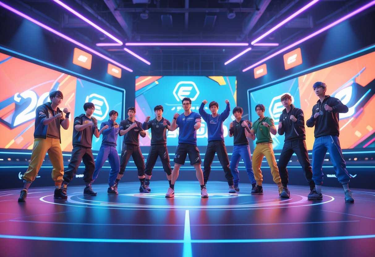 A group of diverse esports players on a brightly lit stage, engaged in a competitive fighting game tournament with energetic crowd and digital effects.