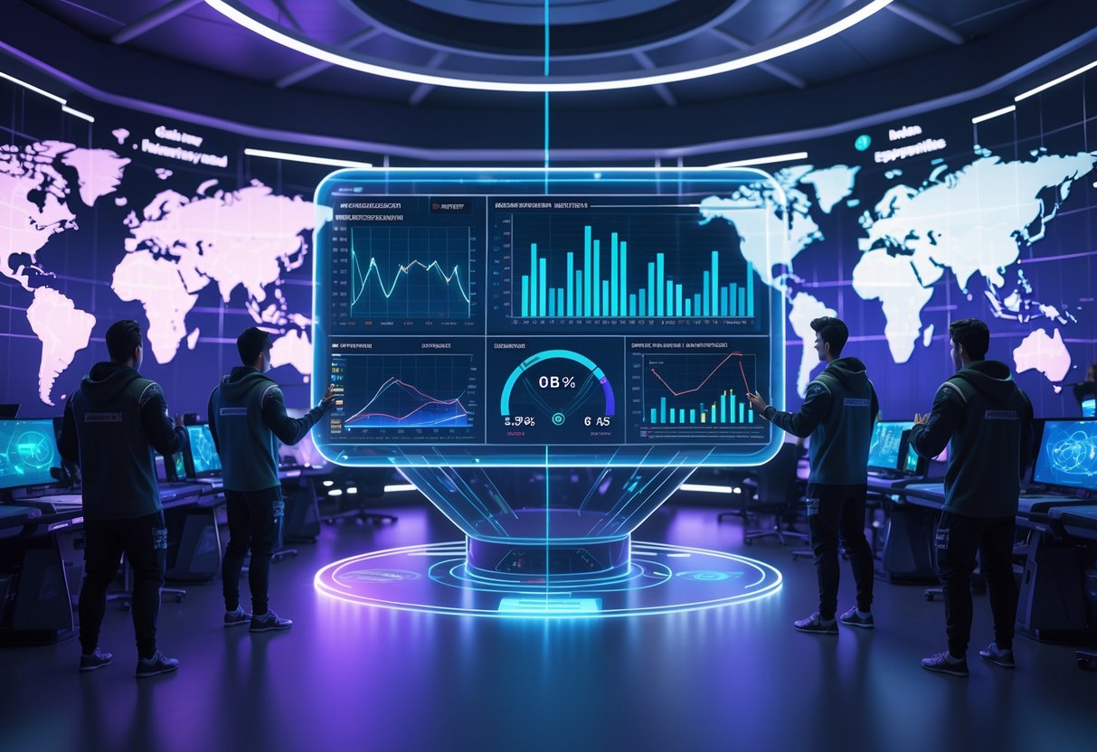 A futuristic esports room with holographic screens showing player performance data and gamers interacting with digital displays.