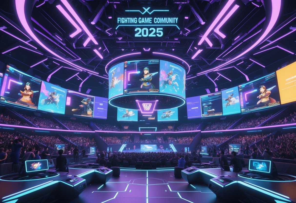 A futuristic esports arena filled with cheering crowds watching a fighting game tournament with large screens and colourful lights.