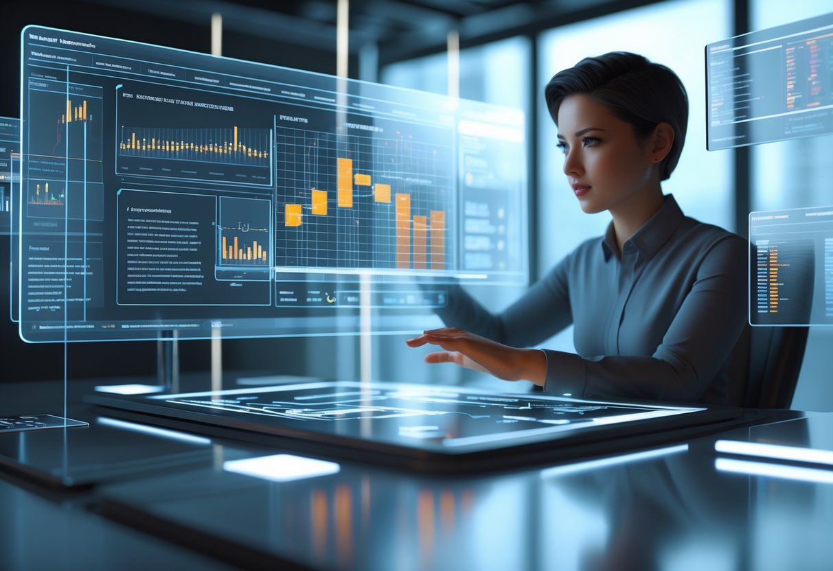 A person interacting with floating holographic charts and graphs in a high-tech office environment.