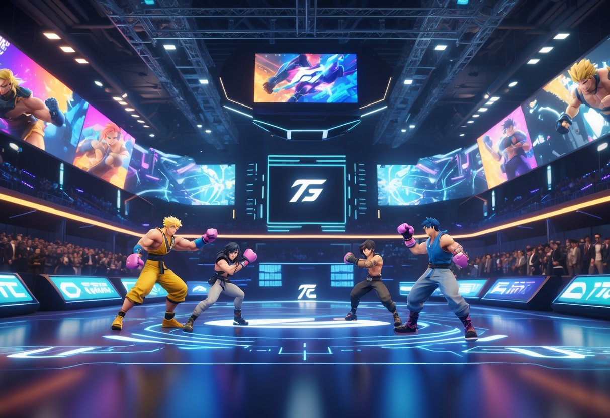 A 3D scene of a futuristic fighting game tournament with characters battling in a brightly lit arena surrounded by a cheering crowd and digital displays.