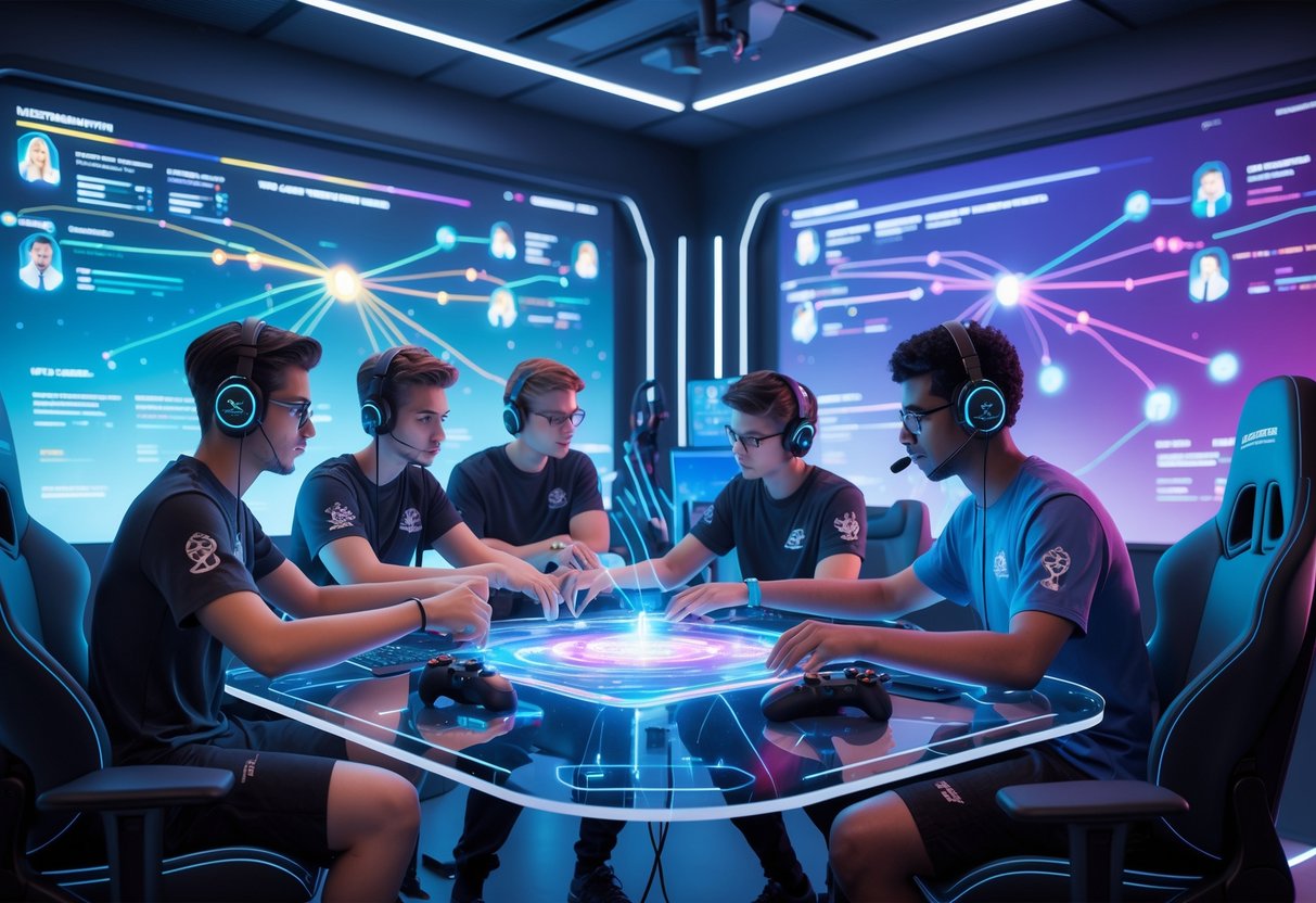 A group of five esports players wearing headsets are gathered around a holographic table in a high-tech room, collaborating and discussing strategies with digital displays showing team connections and player data.